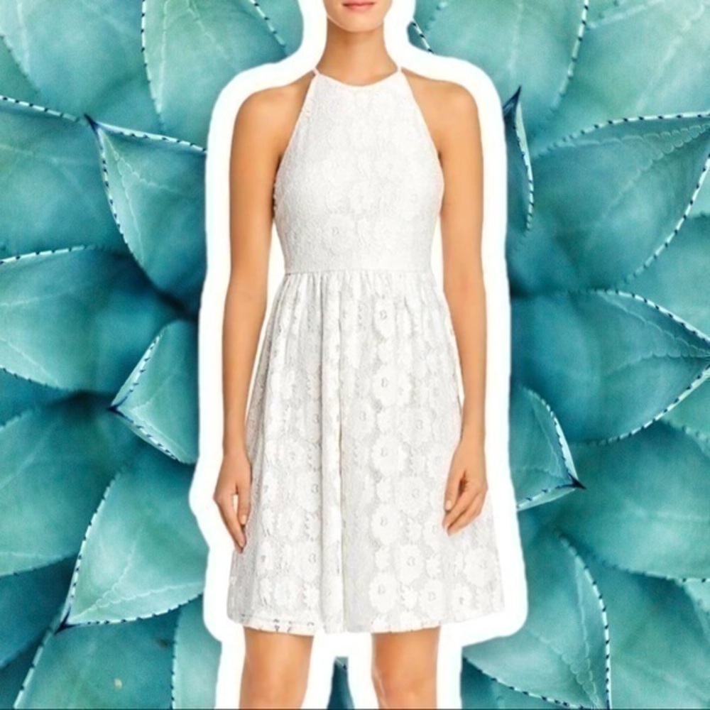 AQUA BLOOMINGDALE’S M Lace High-Neck Sleeveless Mini Dress